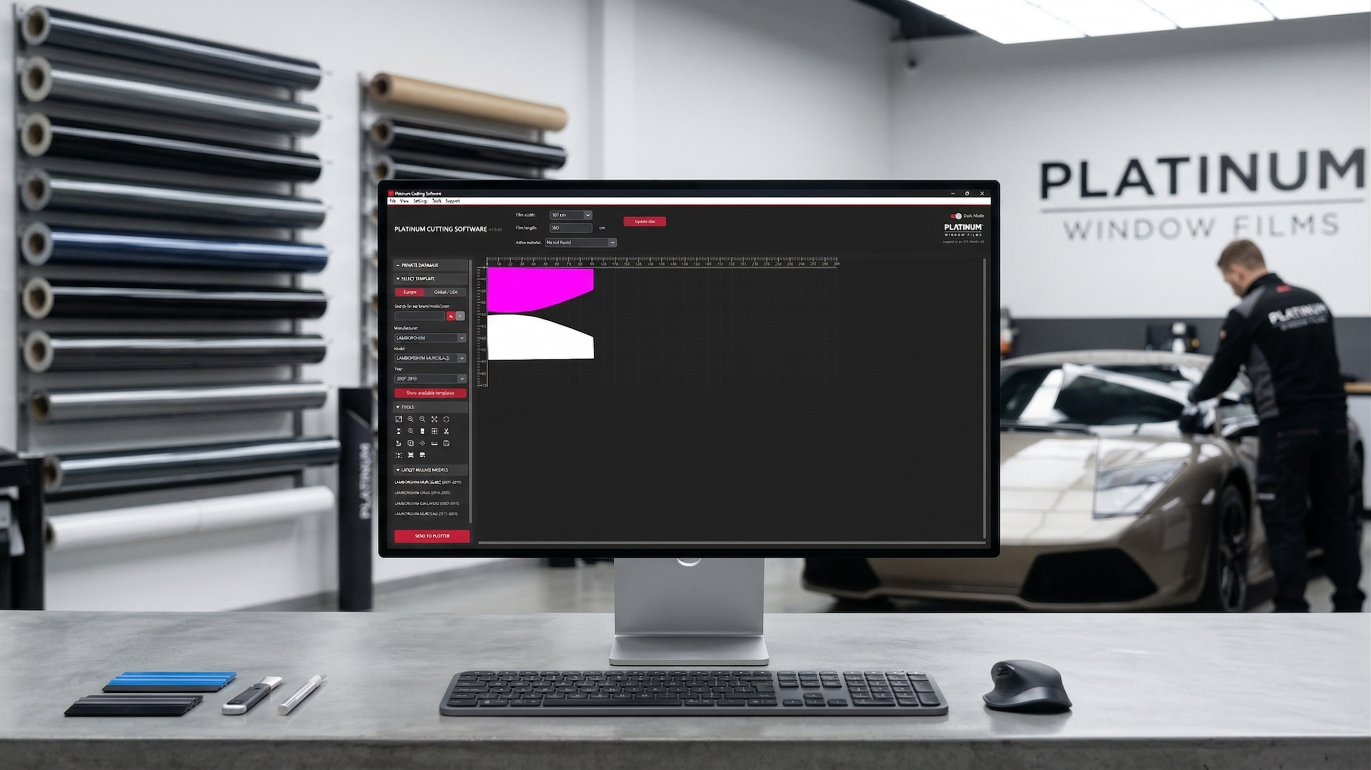 Modern window tint software interface on a monitor